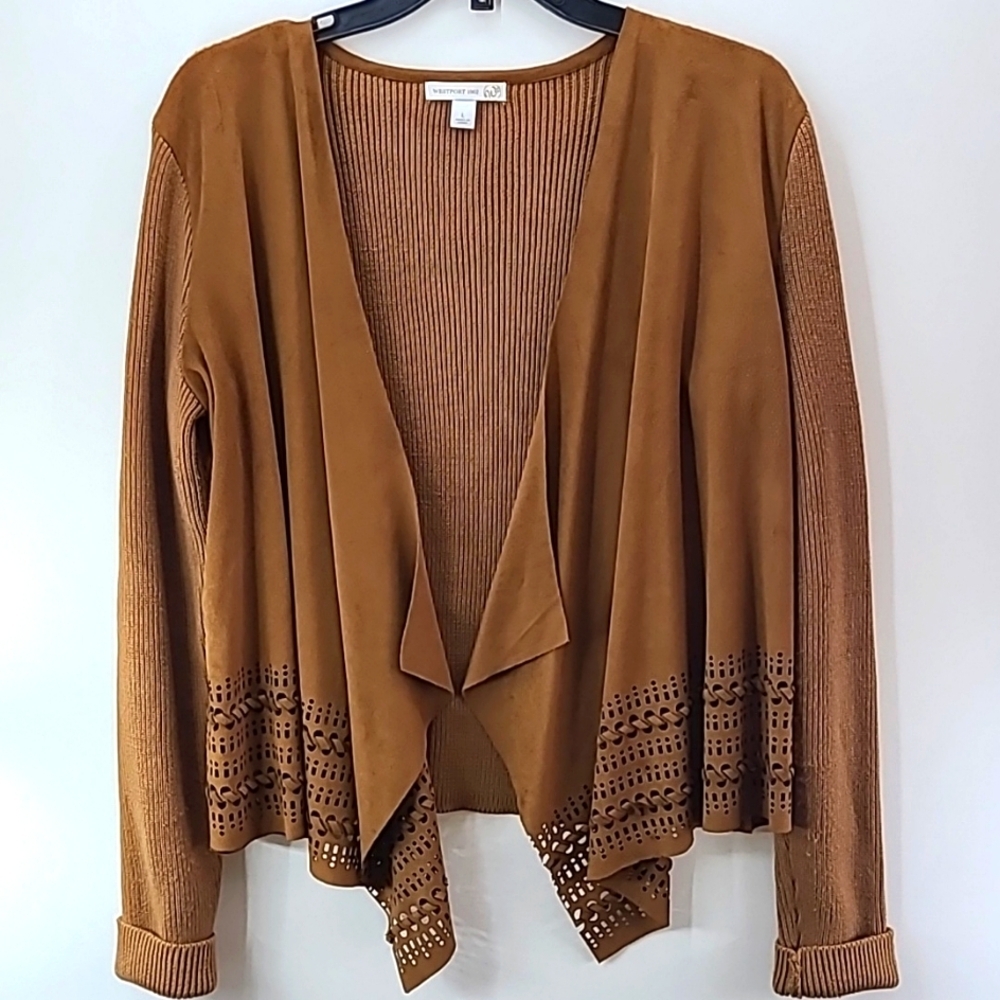 WESTPORT Brown Suede Open Front Cardigan Detailed Hem Sweater - Size Large